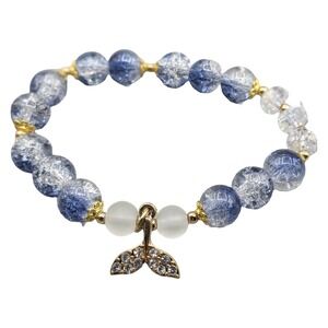 Blue Crackle Glass Bead Stretch Bracelet with Gold Tone Whale Tail Charm